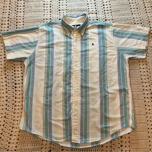 Hunt Club Vintage Blue/Green/Yellow Striped Casual Short Sleeve Cotton Shirt XL